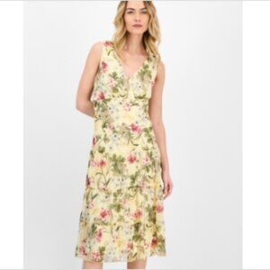 Connected Women's Floral Print Tiered Sleeveless MIDI Dress - Yellow